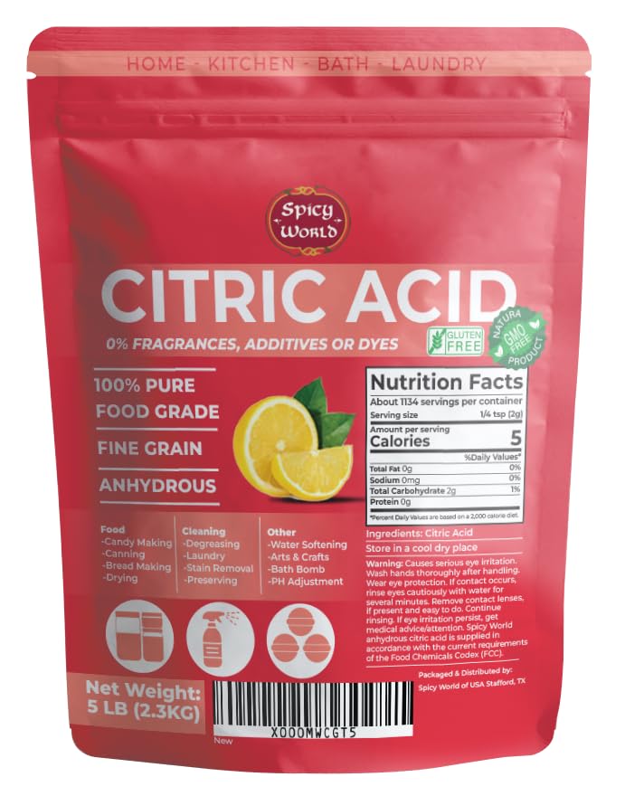 Spicy World حمض الستريك النقي 5 أرطال كيس جملة - 100% طبيعي، درجة غذائية، غير معدل وراثياً - مسحوق حمض الستريك للتنظيف، قنابل الاستحمام، الحفظ | حبيبات ناعمة | جودة ممتازة بواسطة Spicy World - Image 2